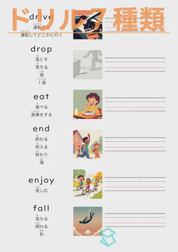 英単語ドリル(印刷用) ｜ 英検５級４級 動詞 動作など drive / drop / eat / end / enjoy / fall